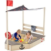 DEYGIA Sandbox with Lid and Cover, Wooden Pirate Ship Sandbox Toys with Storage Bench, Seat, Sink, Outdoor Sand box for Backyard Garden, Kids Sandbox Play Toys Children Playset Sandpit